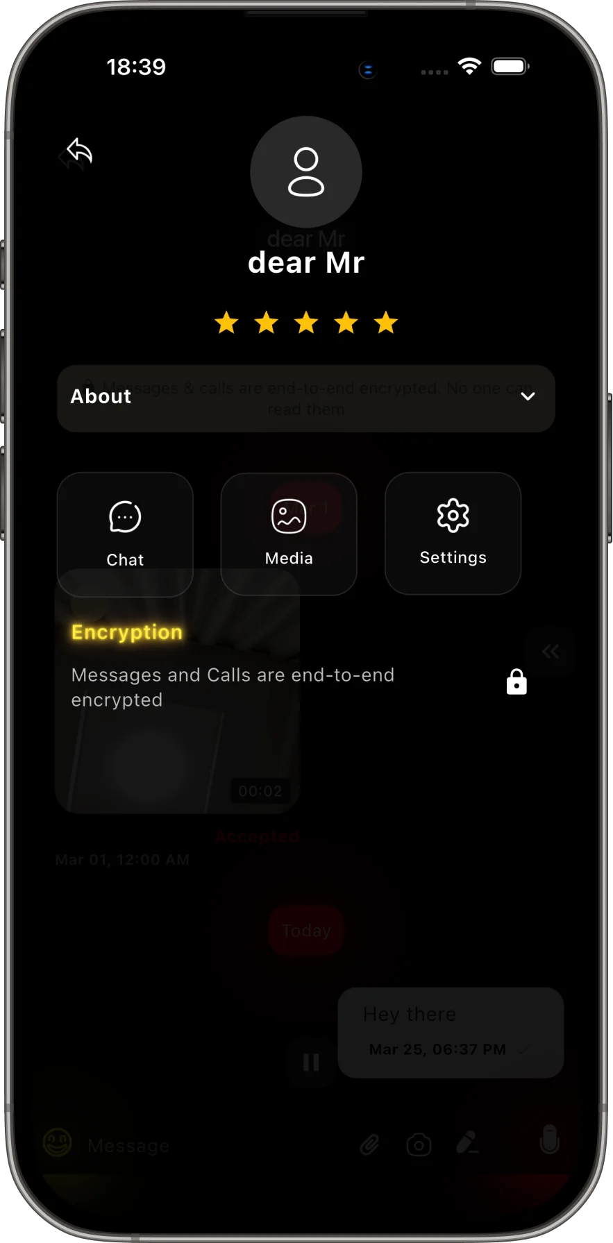 A contact profile showing chat, media, settings, and encryption information